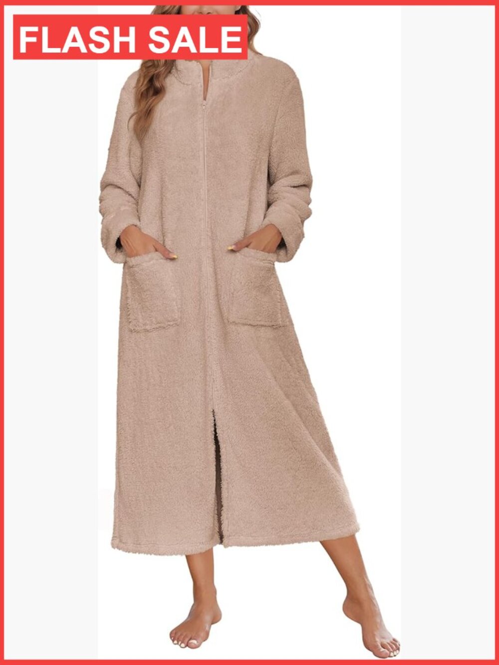 Soft Fleece Zipper Robe Long Sleeve Warm Housecoat with Pockets Zip Up House
